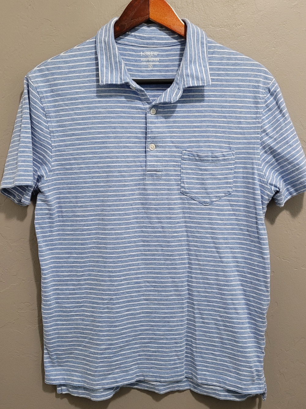 J. Crew Men’s Light Blue Striped Polo Shirt Summer Lightweight 100% Cotton